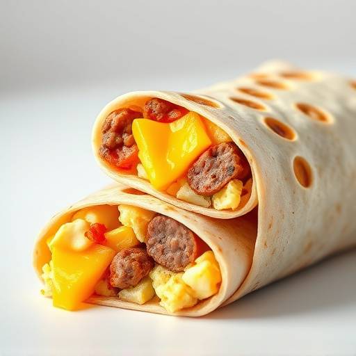 A delicious breakfast burrito filled with eggs, cheese, and sausage