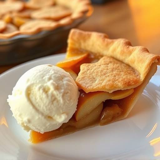 A slice of warm apple pie with vanilla ice cream