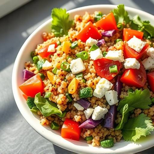 A vibrant quinoa salad with vegetables and feta cheese