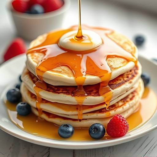 Stack of fluffy pancakes with syrup and berries